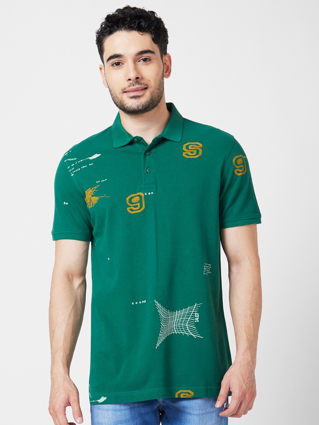 

SPYKAR Conversational Printed Polo Collar Slim Fit Cotton T-shirt, Green