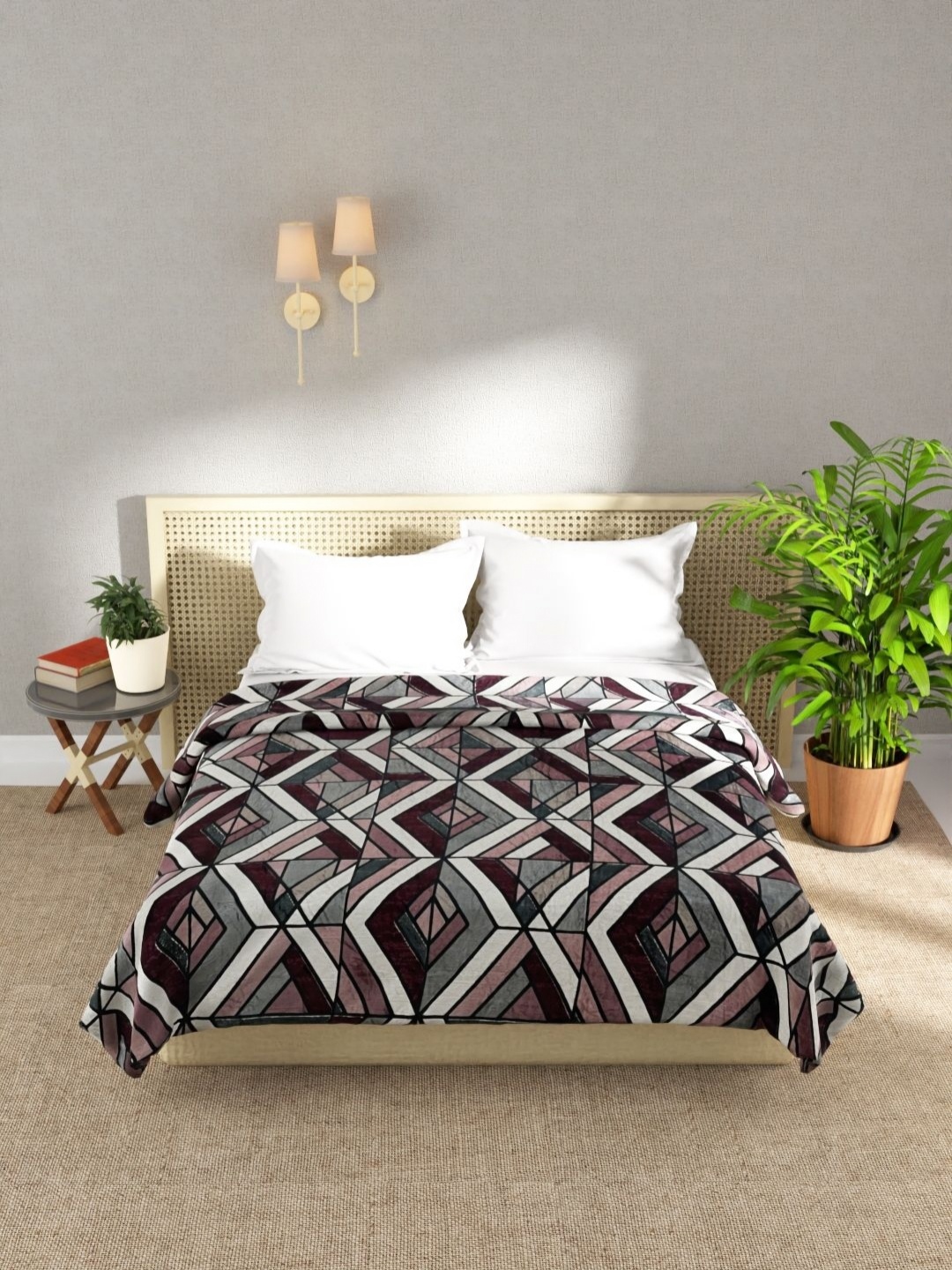 

KOPA Maroon & White Geometric Microfiber AC Room 300 GSM Double Bed Blanket