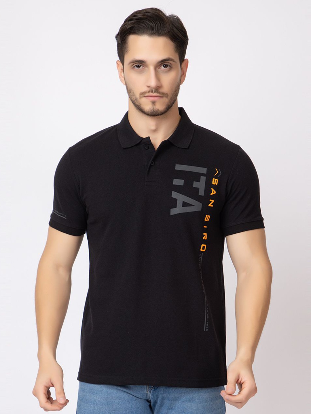 

ARIIX Men Typography Printed Polo Collar Cotton T-shirt, Black