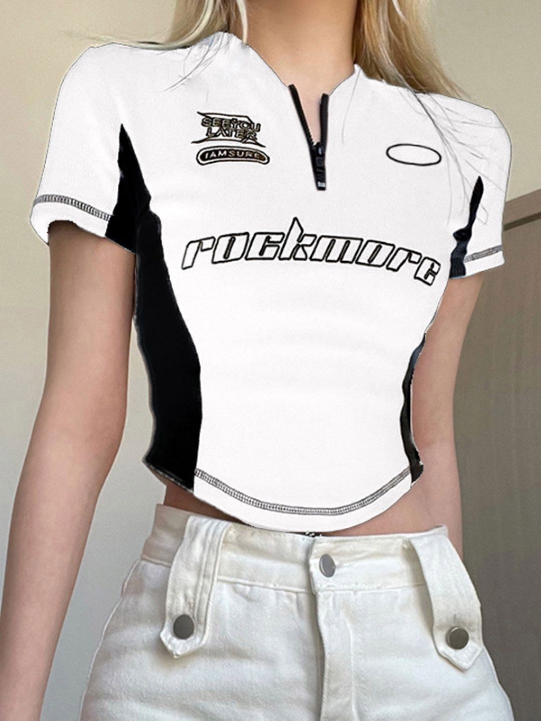 

KPOP Women Typography Printed V-Neck Short Sleeves Crop Top, White