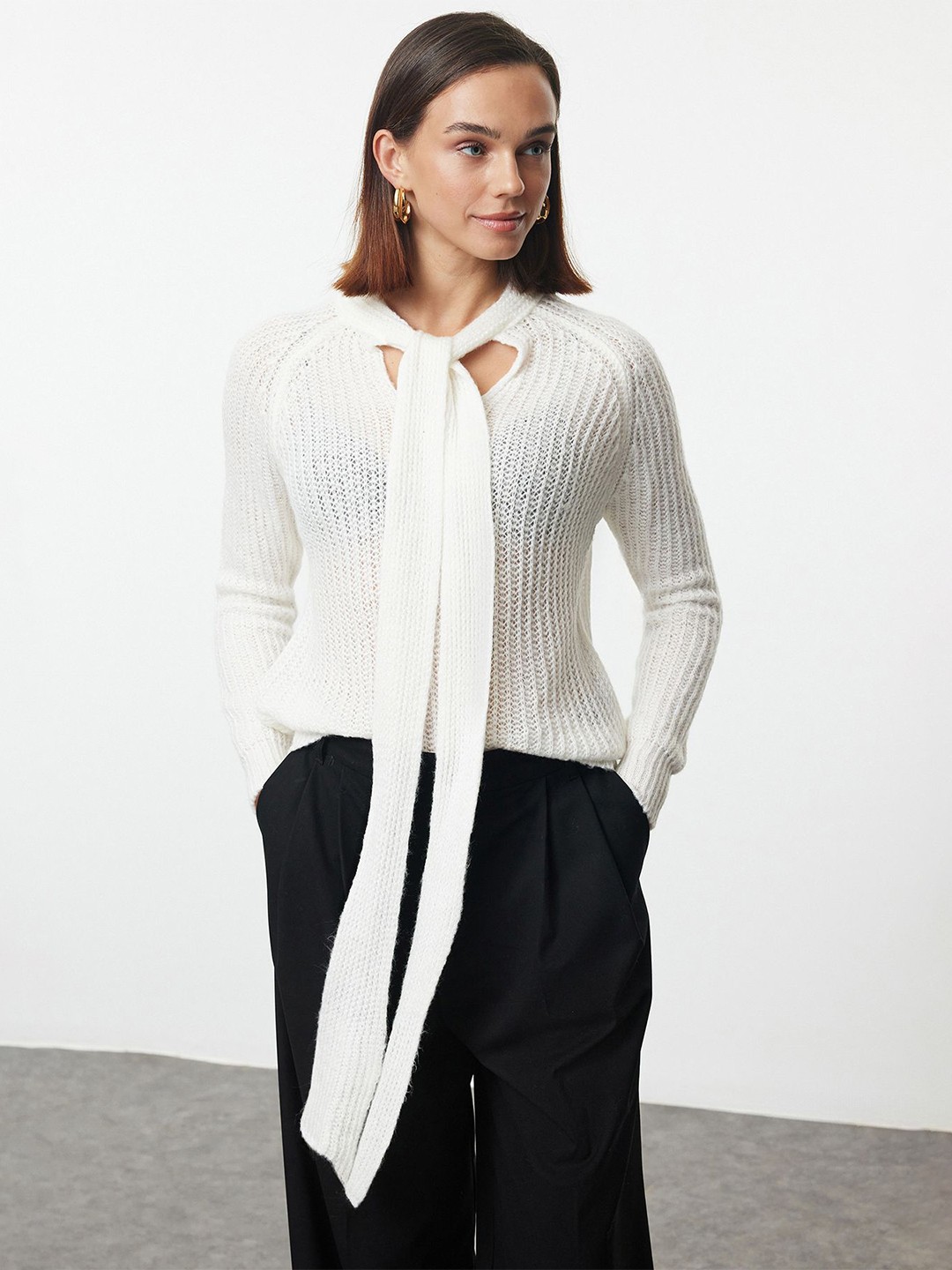 

Trendyol Women Self Design Tie-Up Neck Top, Na