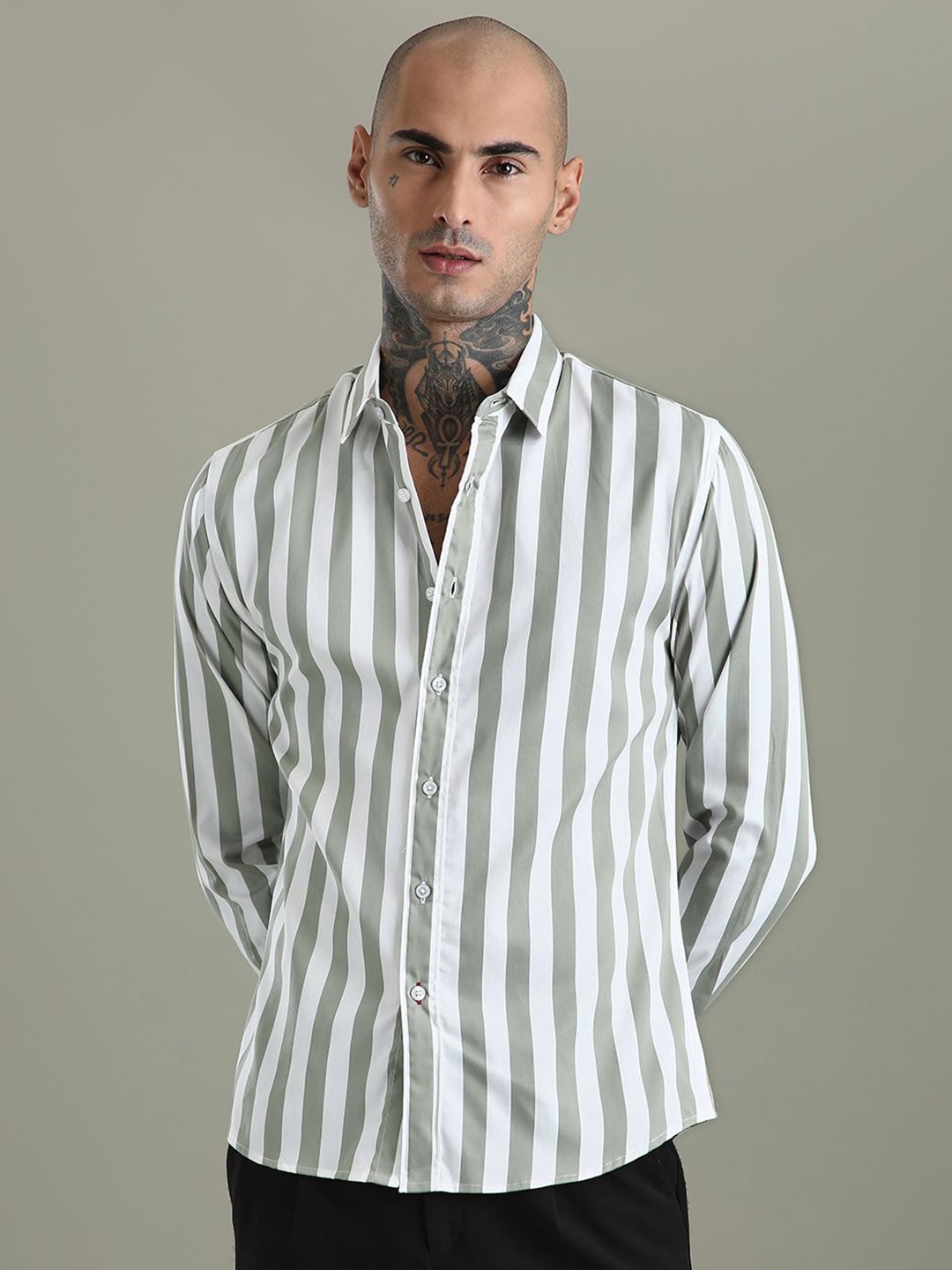 

Banana Club Men Classic Slim Fit Opaque Striped Casual Shirt, Green