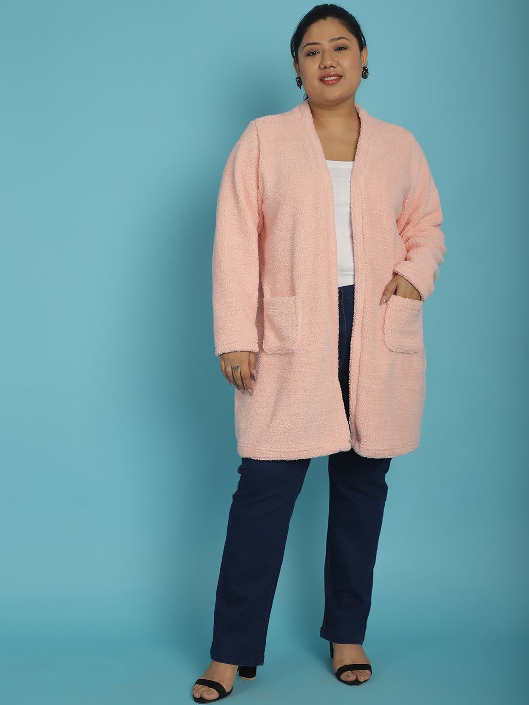 

theRebelinme Women Longline Open Front Jacket, Pink