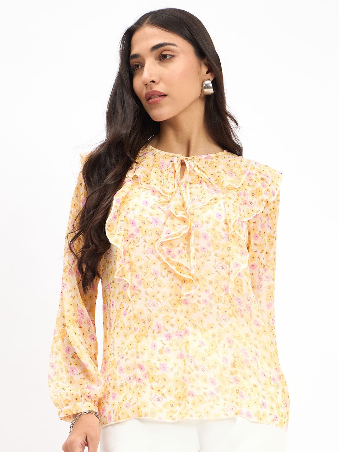 

SALT ATTIRE Women Floral Printed Tie-Up Neck Puff Sleeve Top, Cream