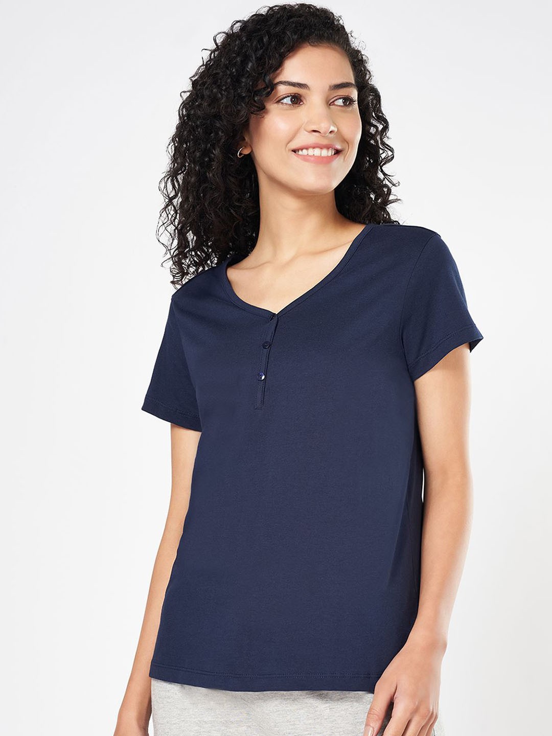 

Dreamz by Pantaloons Women Pure Cotton Lounge Tshirt, Navy blue