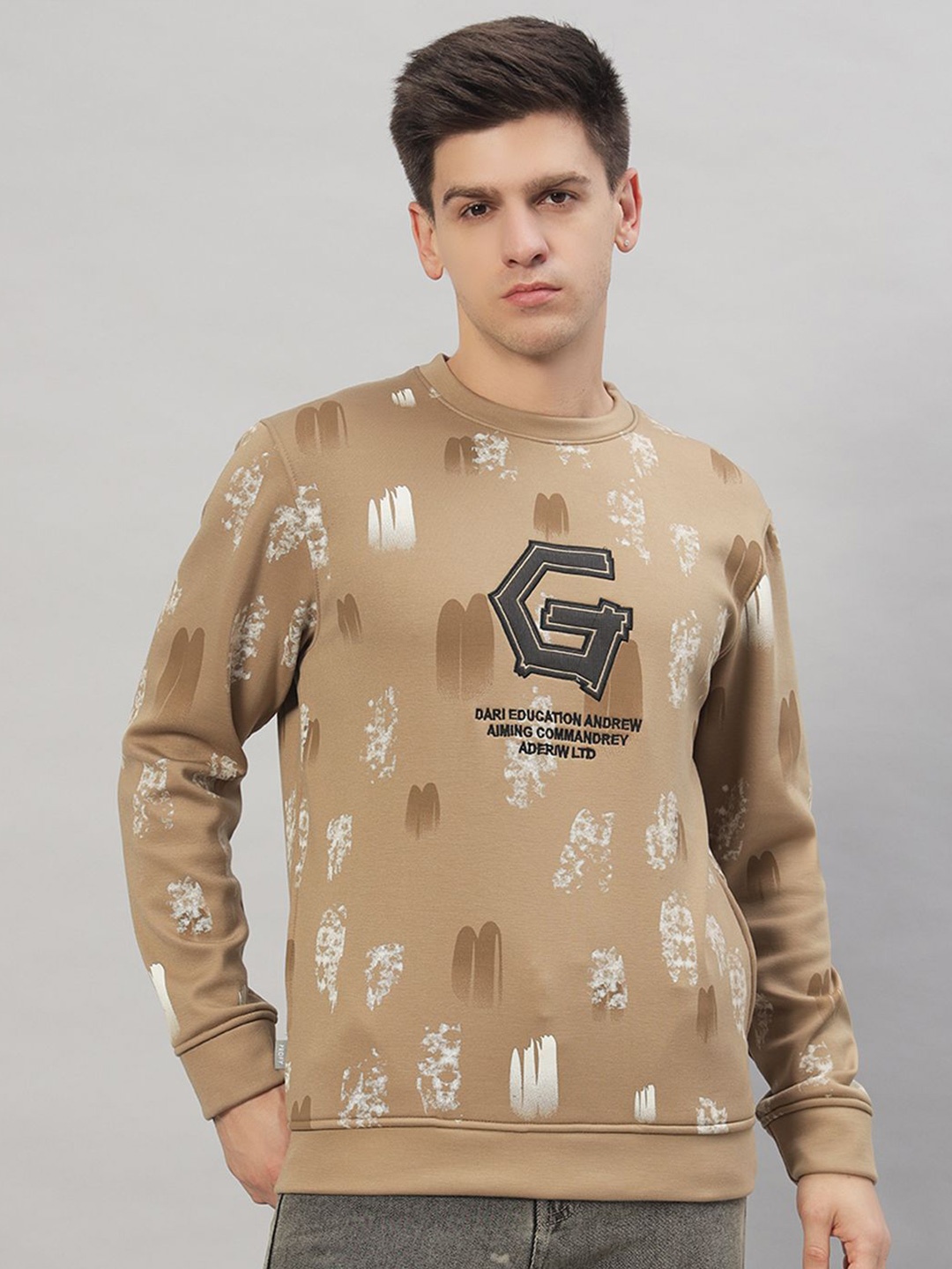

PROFY Men Printed Long Sleeves Pullover Sweatshirt, Camel brown