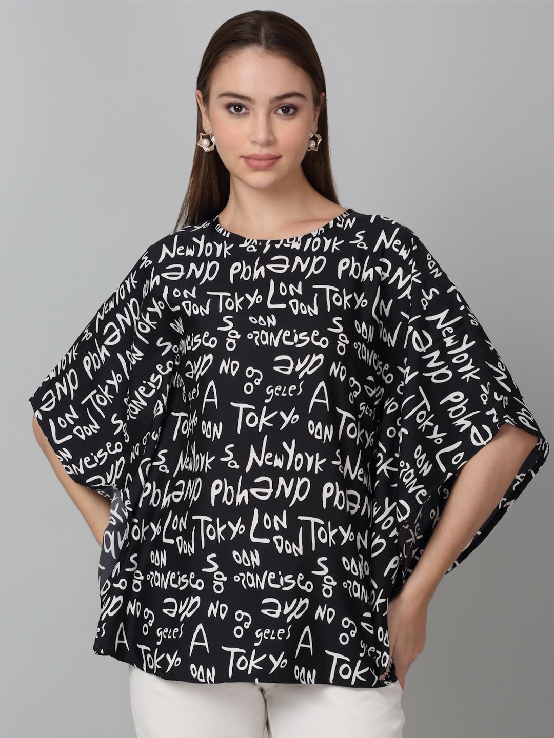 

Dressitude Women Print Kimono Sleeve Crepe Kaftan Top, White