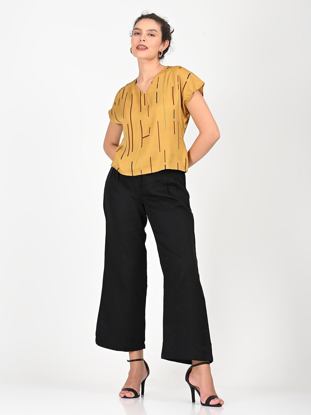 

Saltpetre Women Striped Printed Cap Sleeve Top, Mustard
