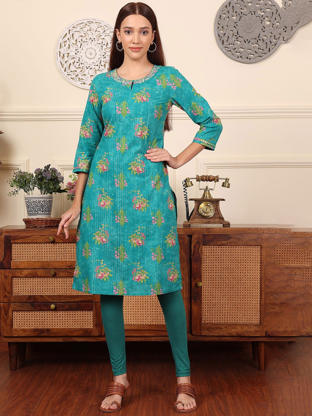 

W Women Ethnic Motifs Printed Thread Work Kurta, Blue