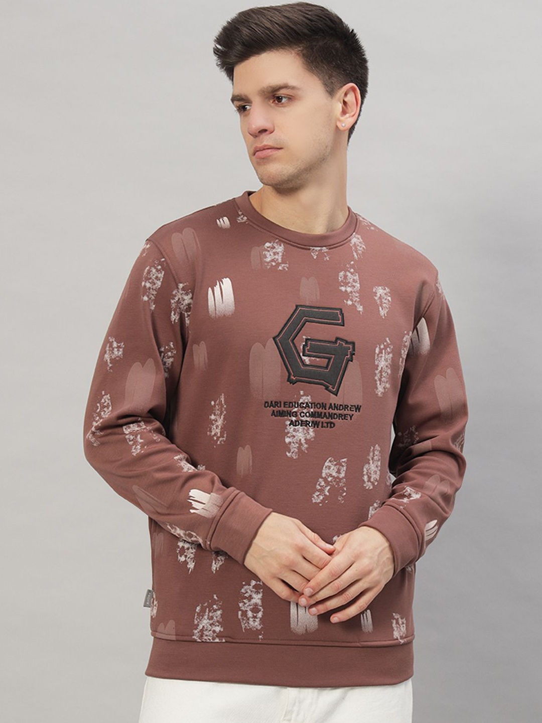 

PROFY Men Printed Round Neck Long Sleeves Sweatshirt, Brown