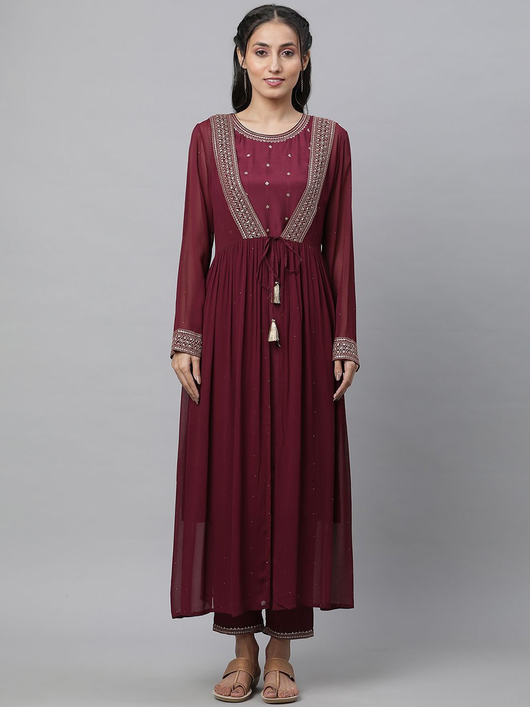 

AURELIA Women Floral Embroidered Regular Sequinned Kurta with Trousers, Red