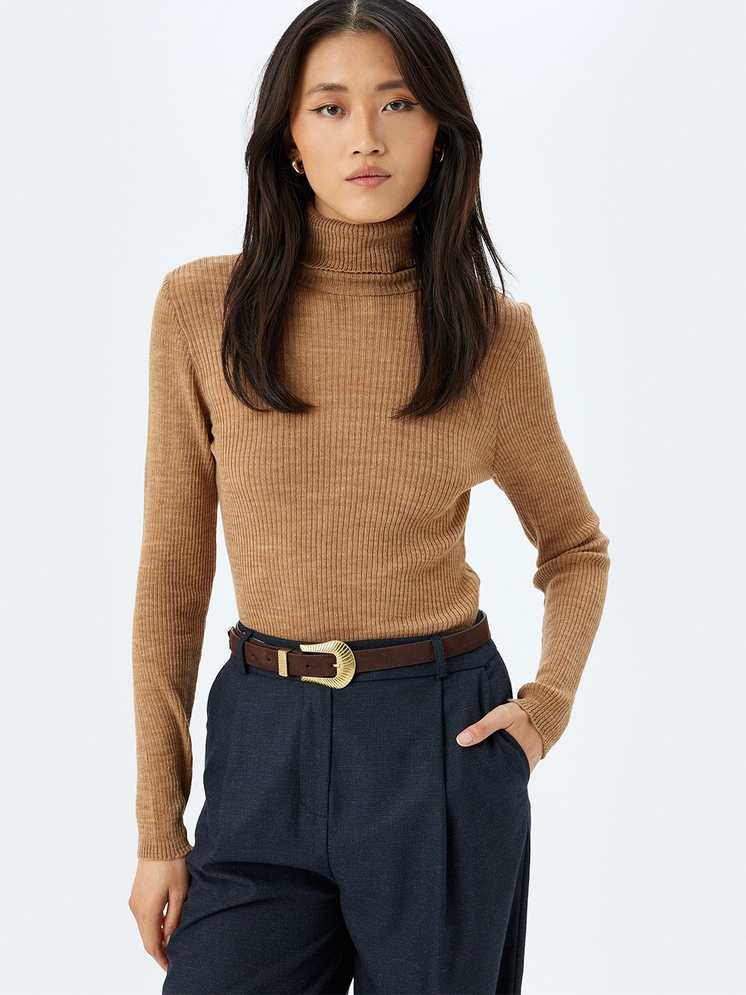 

Koton Women Solid Ribbed Pullover, Camel brown