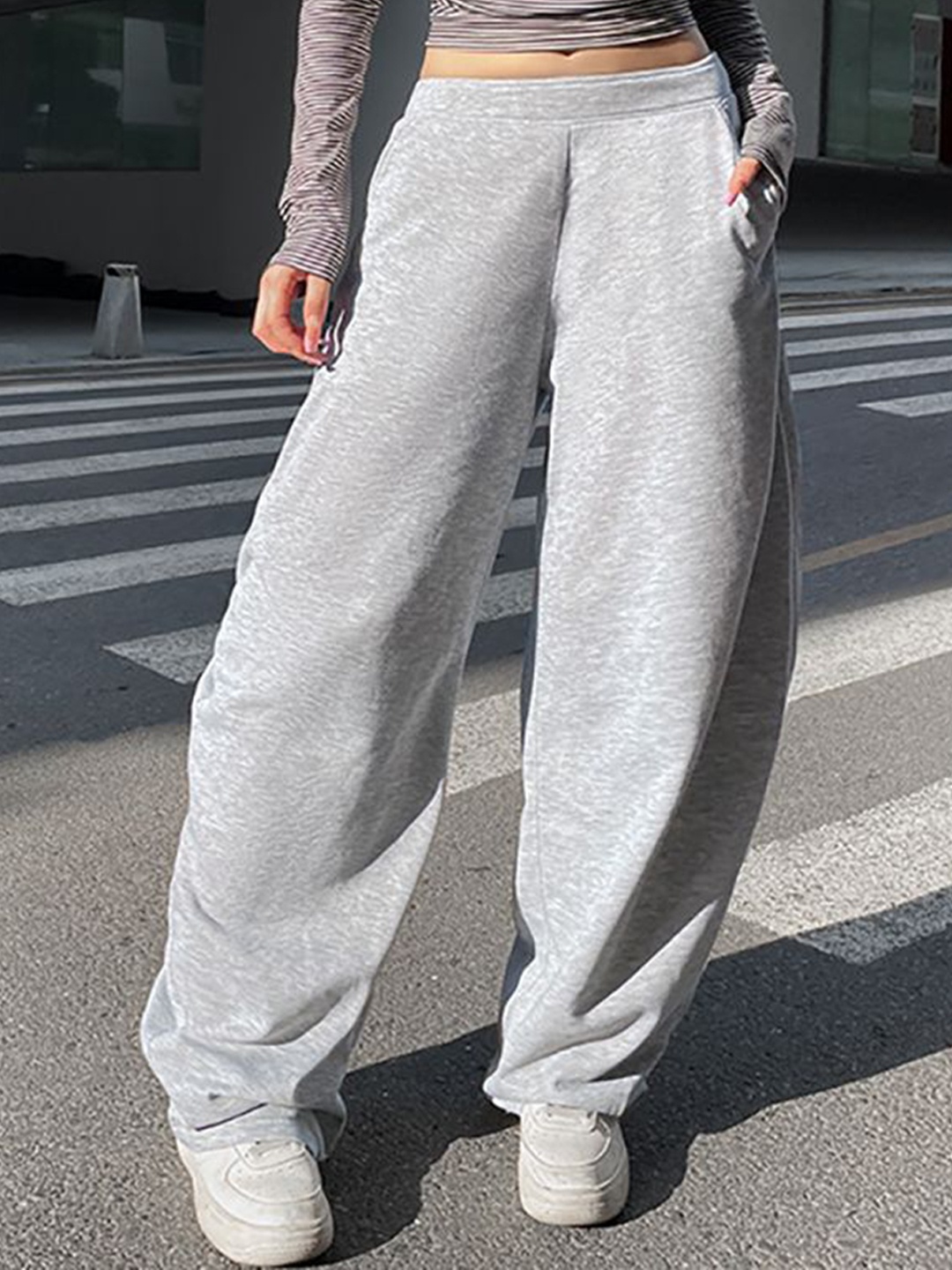 

StyleCast x Revolte Women Easy Wash Loose Fit Mid-Rise Wide Leg Trousers, Grey