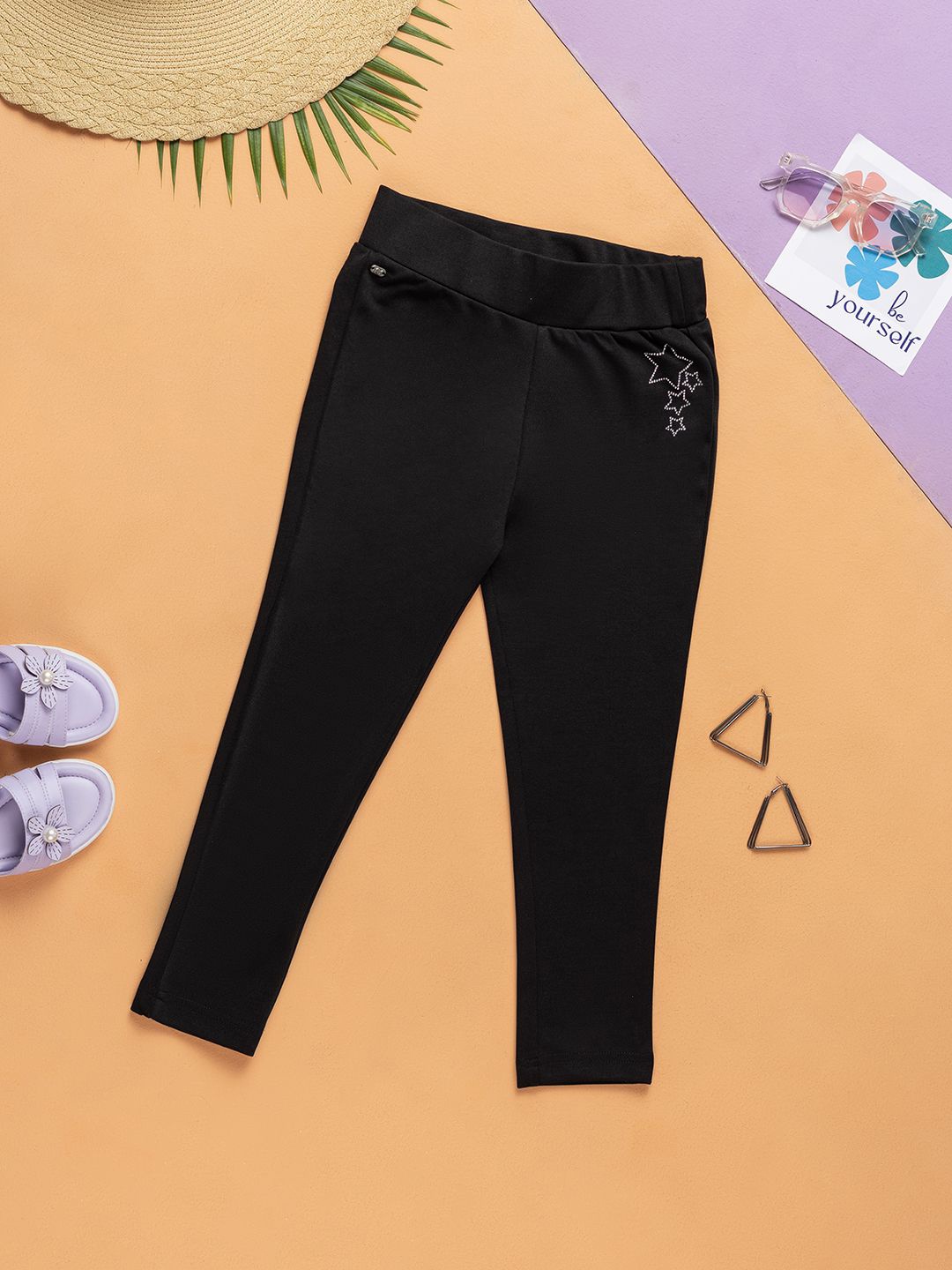 

Purple United Kids Girls Printed Cotton Jeggings, Black
