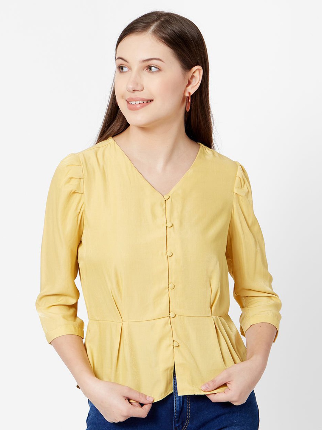 

Kraus Jeans Women Puff Sleeves Peplum Top, Yellow