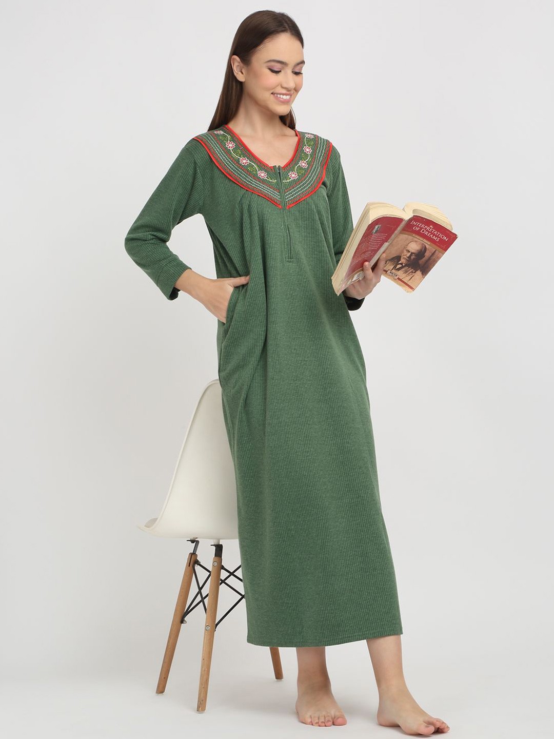

Arrabi Women Everyday Embroidered Maxi Nightdress, Green