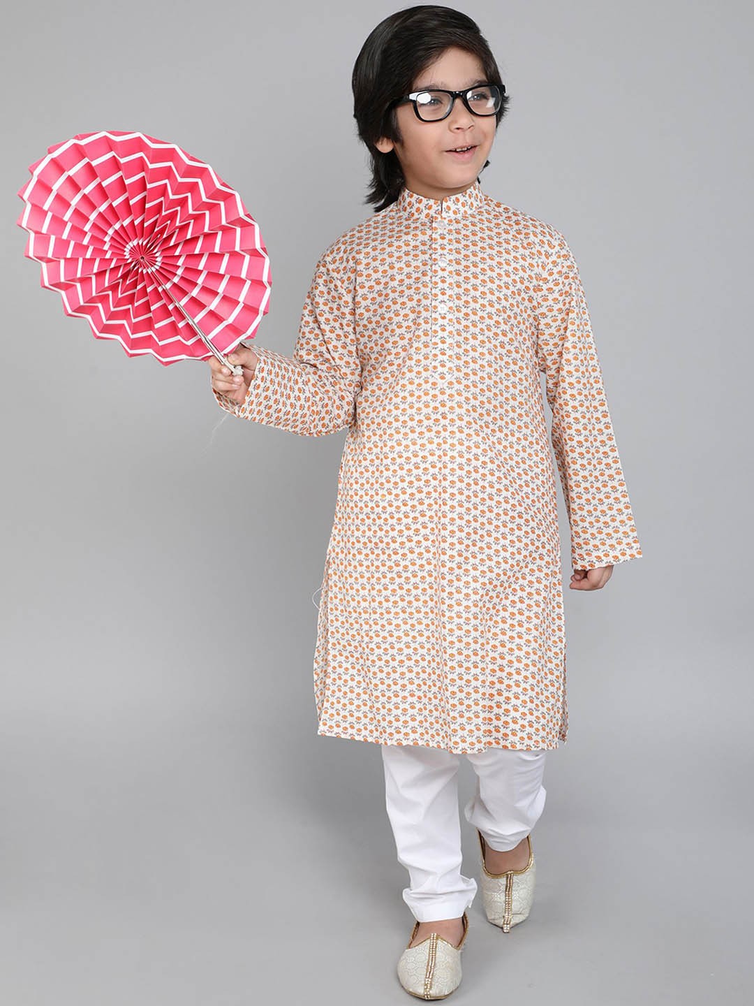

Little Clothings Boys Floral Printed Regular Pure Cotton Kurta with Churidar, Cream