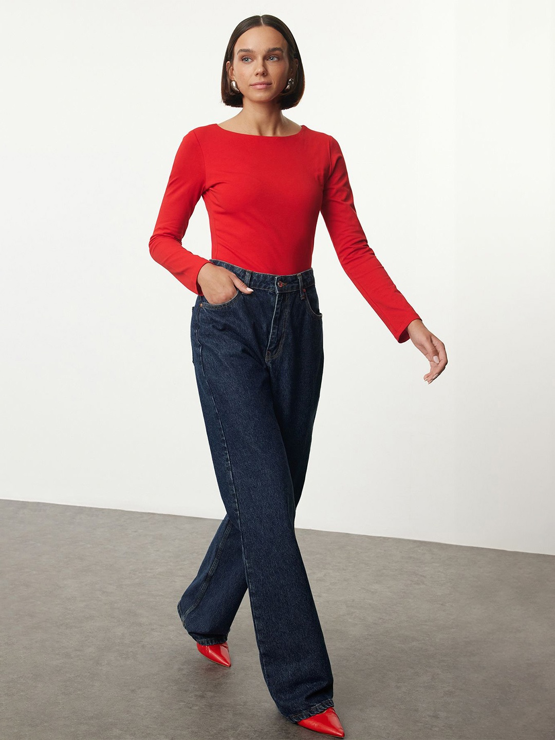 

Trendyol Women Round Neck Cotton Top, Red