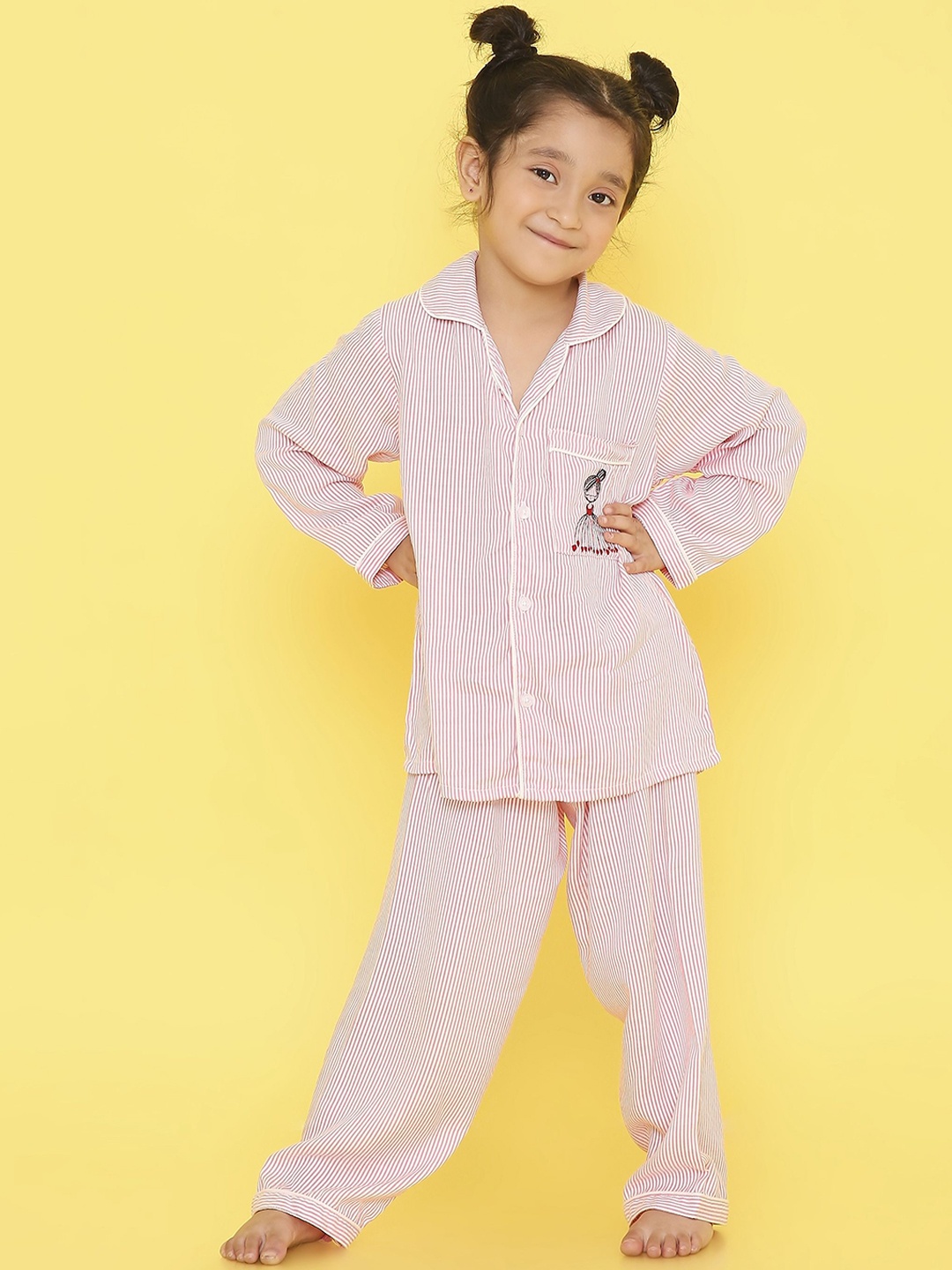 

Knitting Doodles Kids Striped Pure cotton Night suit, Pink