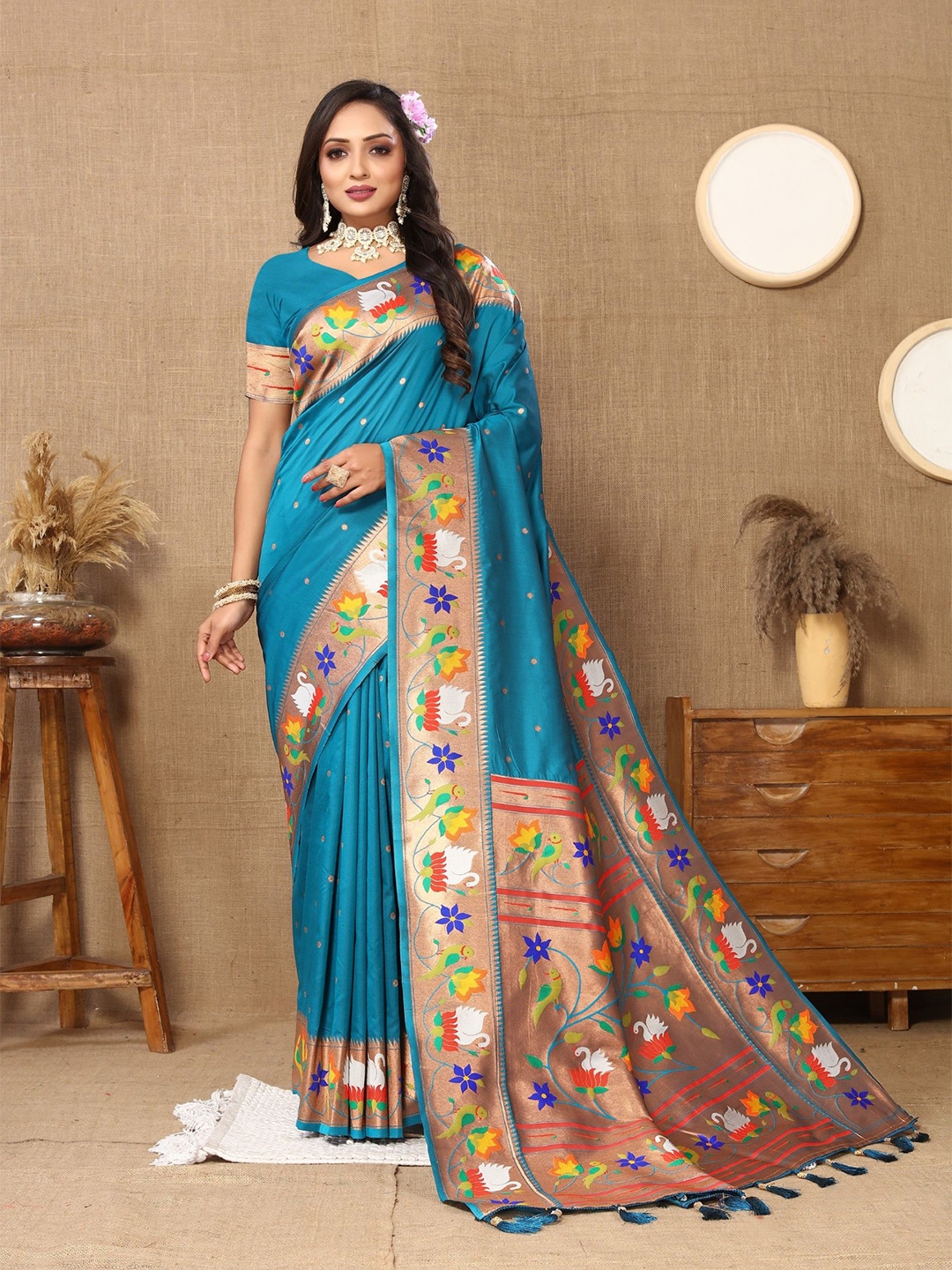 

Anaita Floral Woven Design Zari Paithani Saree, Teal