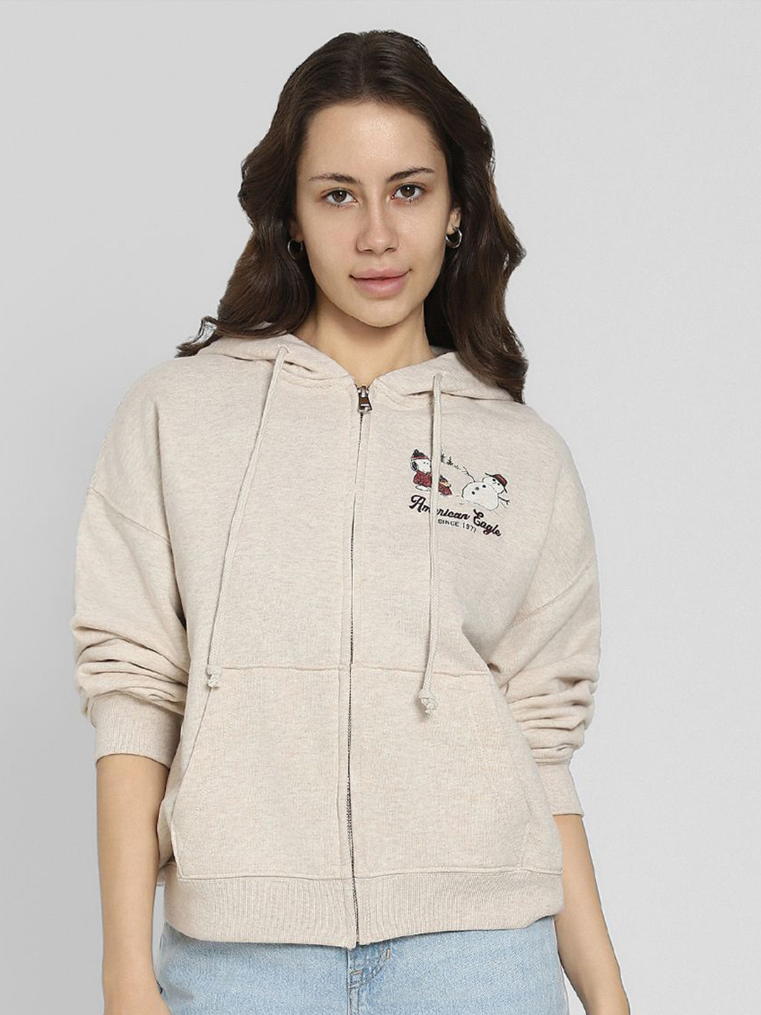 

AMERICAN EAGLE OUTFITTERS Women Printed Hooded Sweatshirt, Beige