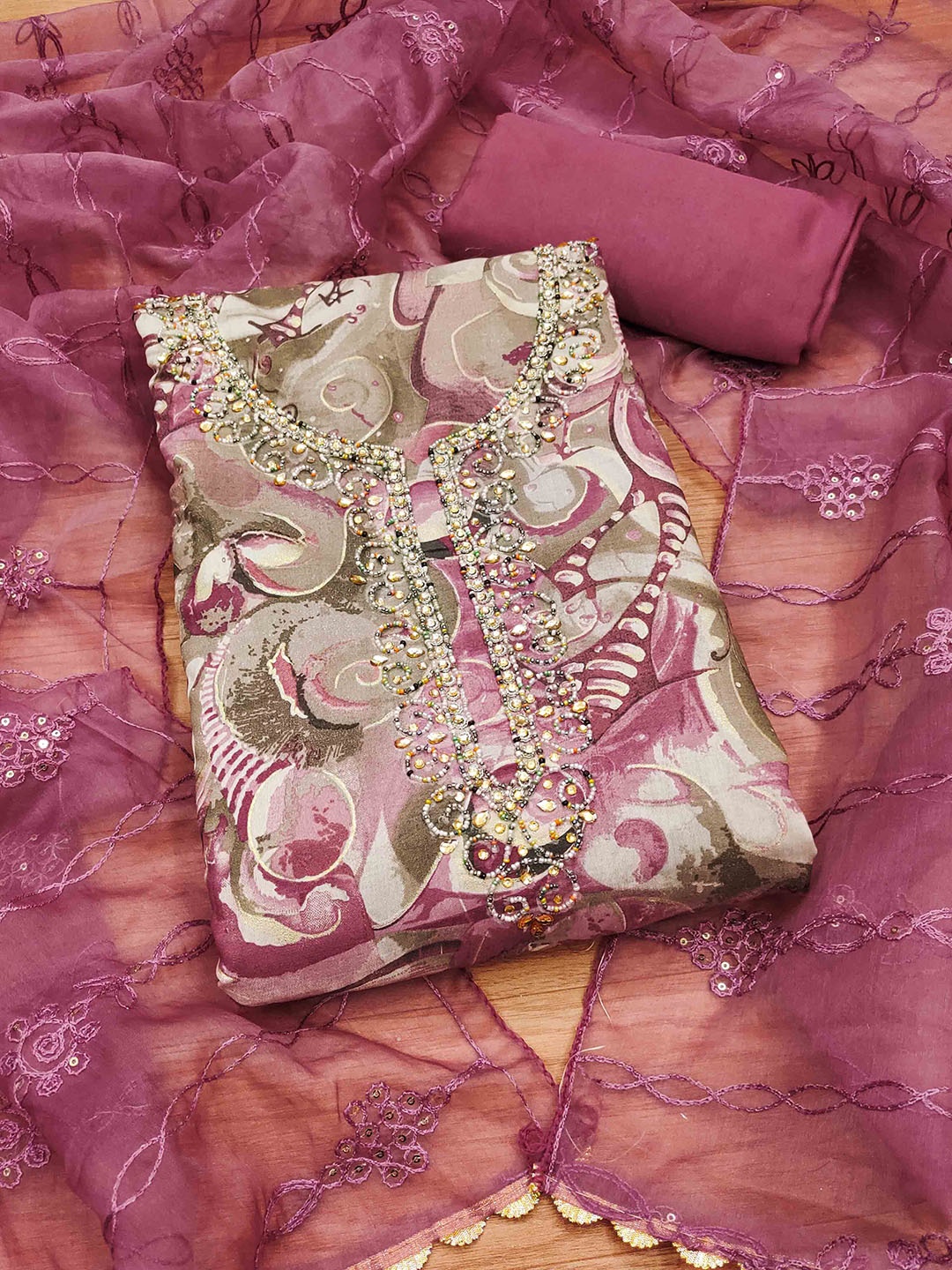 

KIMISHA Embellished Unstitched Dress Material, Pink