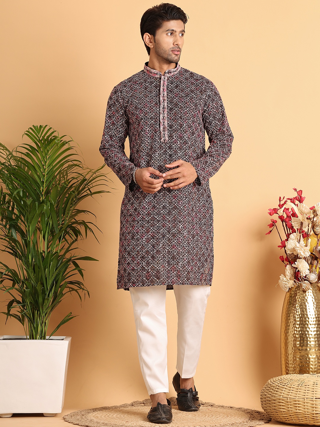 

Jompers Men Embroidered Regular Chikankari Kurta with Pyjamas, Peach