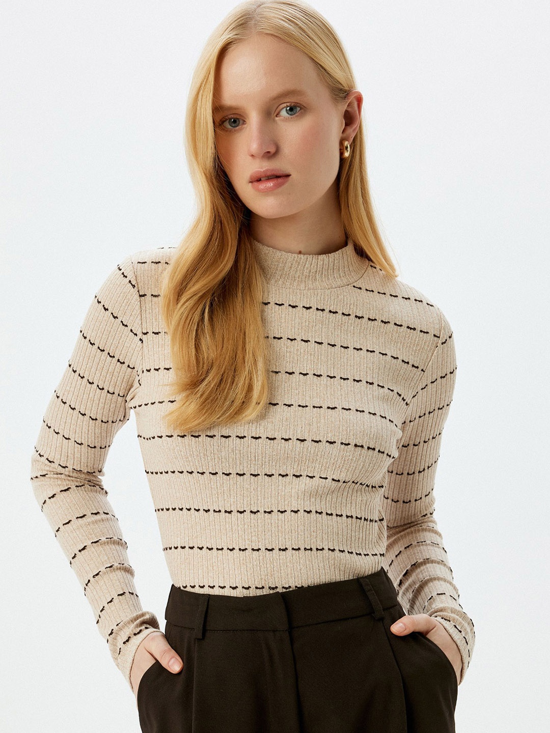 

Koton Women Striped Turtle Neck Long Sleeves Pullover Sweater, Beige