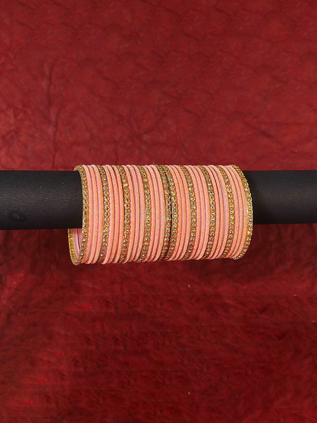 

NMII Set Of 34 Glass & Golden Beads Bangles, Peach