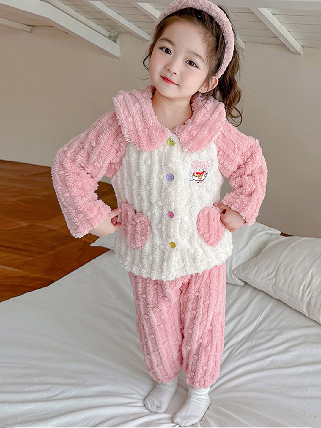 

LULU & SKY Girls Self Design Spread Collar Long Sleeves Shirt With Trouser, Pink