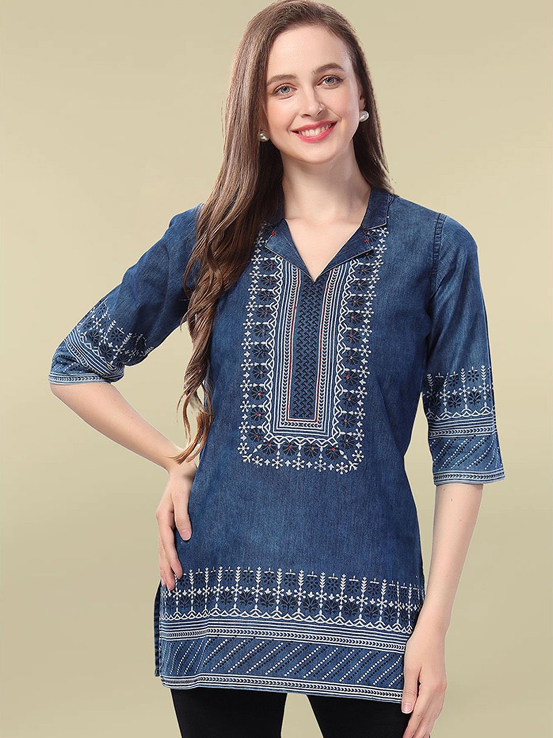 

KALINI Women Printed Shirt Collar Tunic, Blue