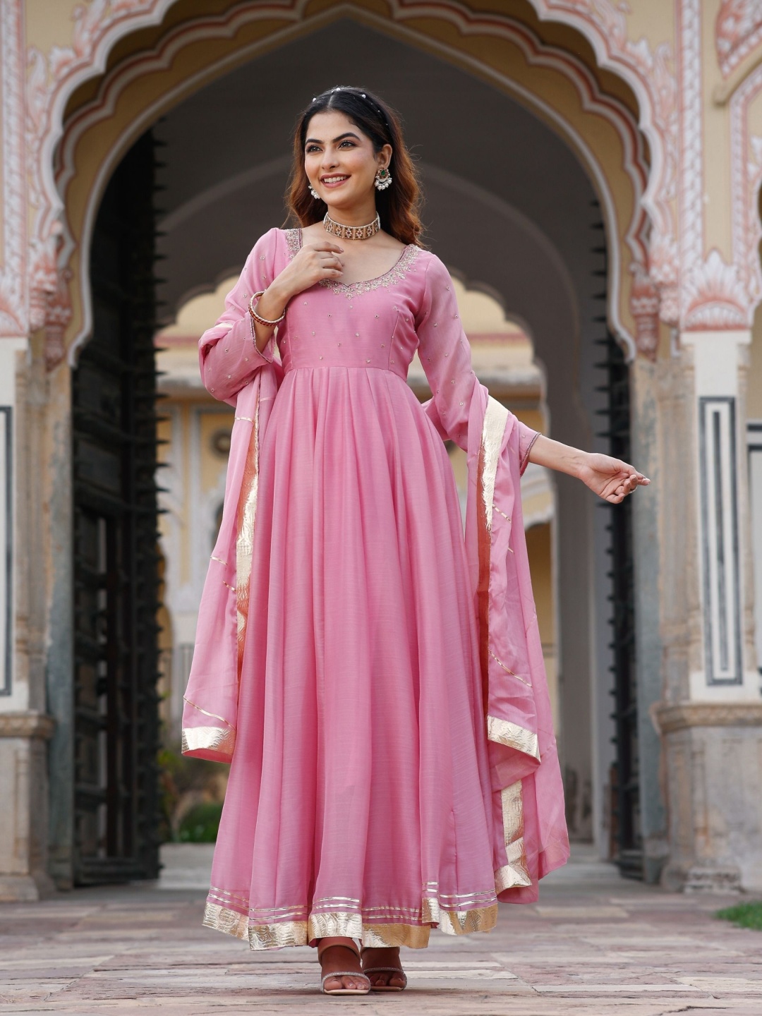 

ASHEERA Women Regular Zardozi Kurta with Trousers & With Dupatta, Pink