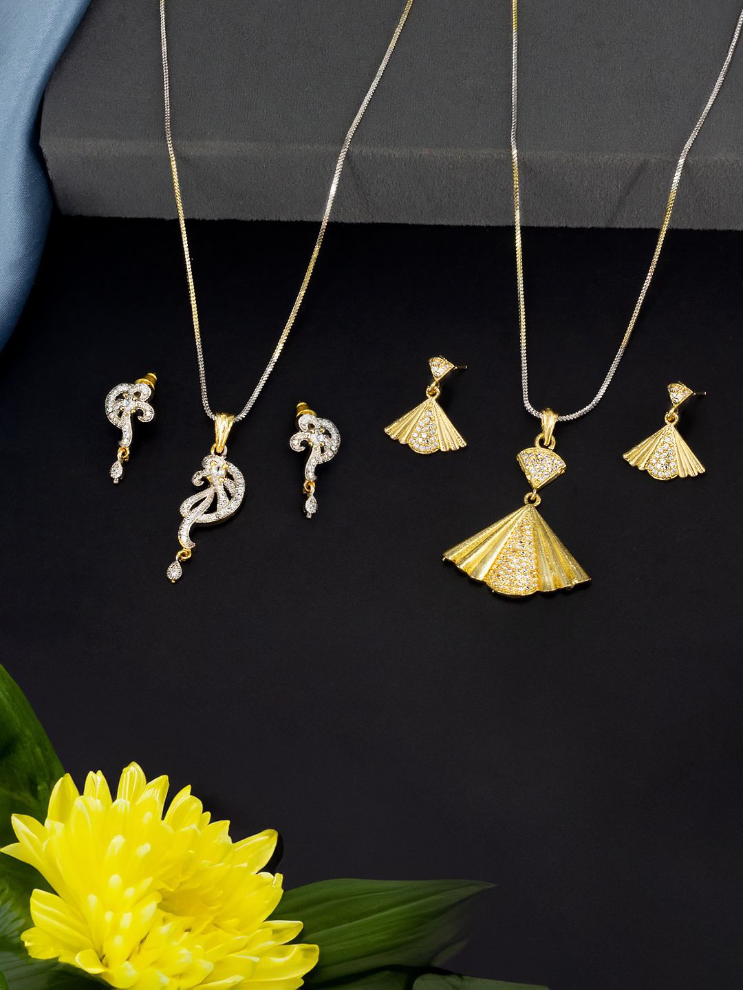 

PRIVIU Set Of 2 Gold Plated American Diamond Studded Necklace and Earrings