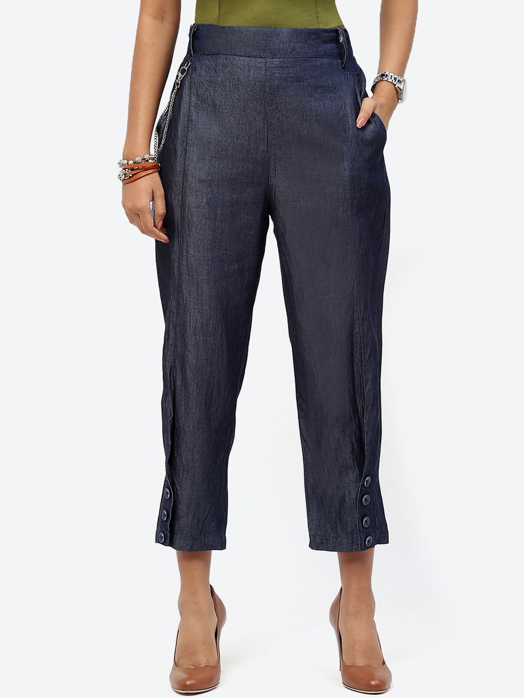 

Baawri Women Cotton Mid-Rise Regular Fit Trousers, Blue