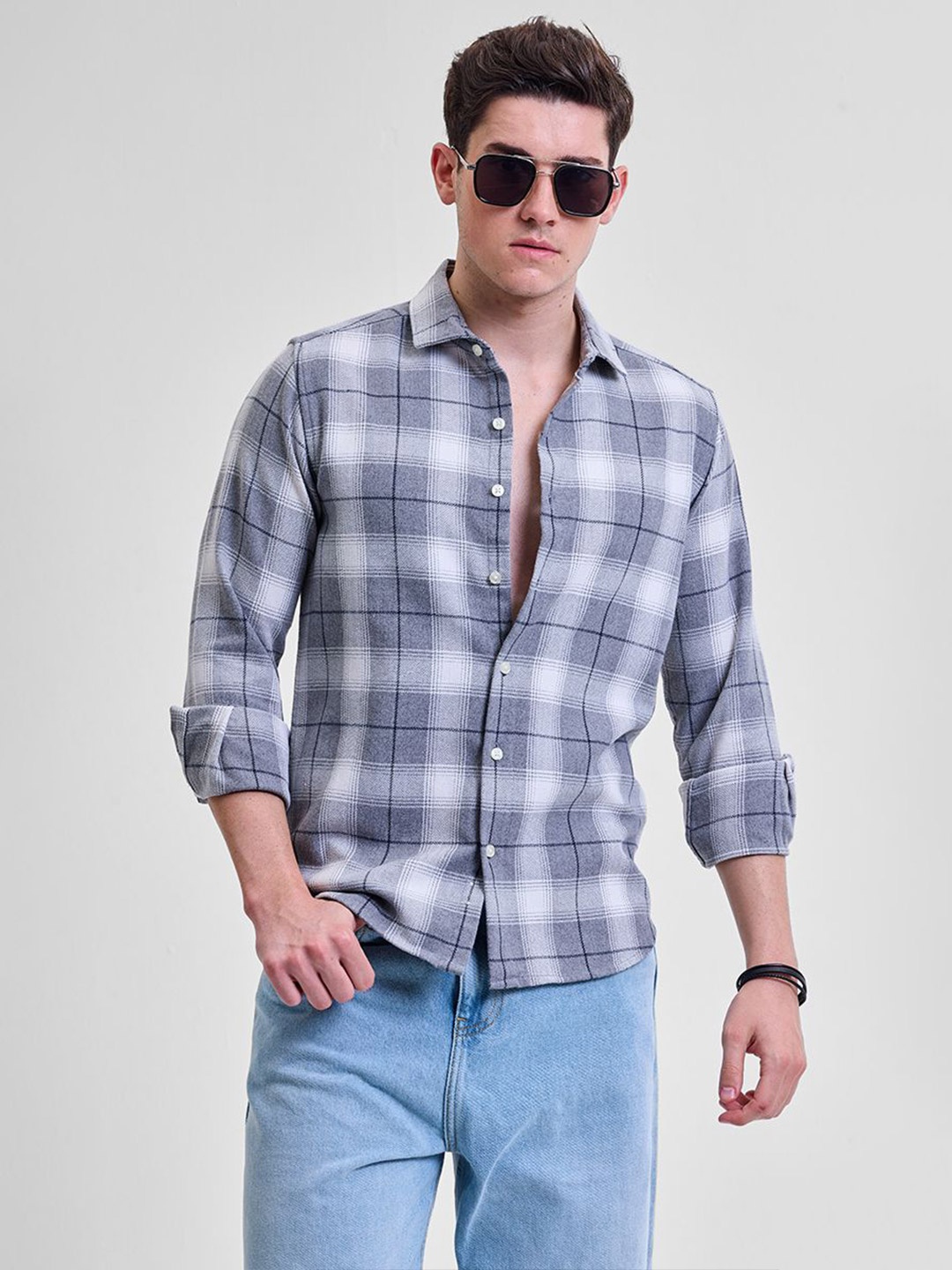 

Snitch Men Smart Slim Fit Opaque Checked Casual Shirt, Grey