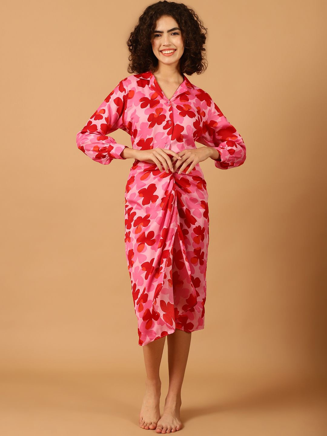 

Blissence Women Printed Shirt with Sarong Swimwear Cover-up Set, Red