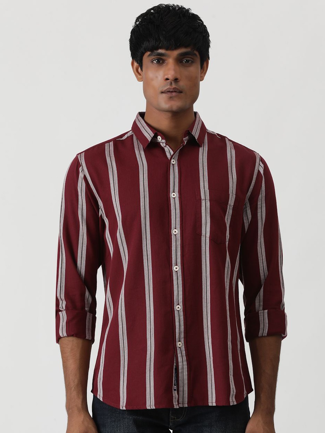 

Greenfibre Men Slim Fit Opaque Striped Casual Shirt, Maroon