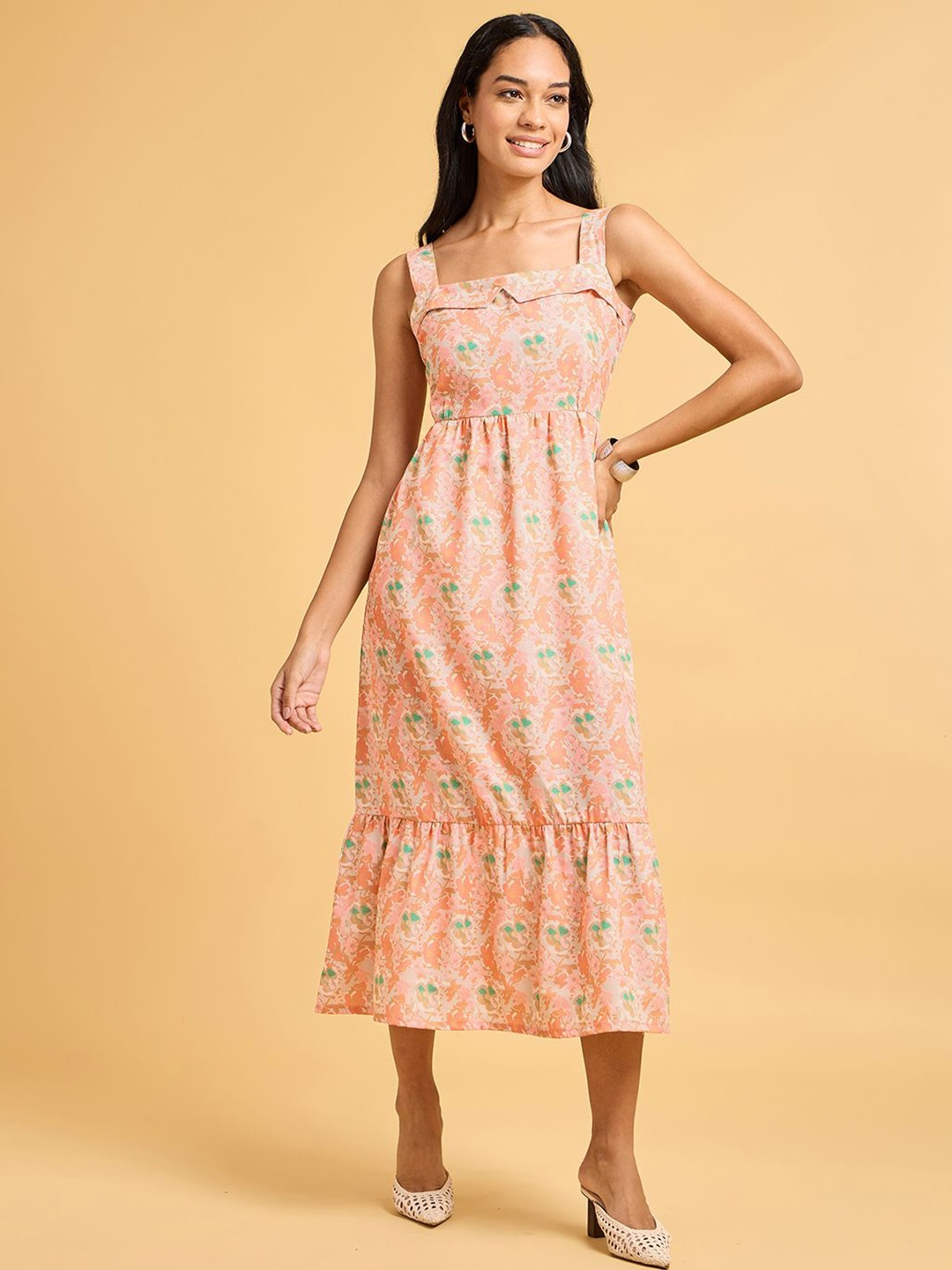 

Saaki Women Floral Printed Linen A-Line Midi Dress, Peach