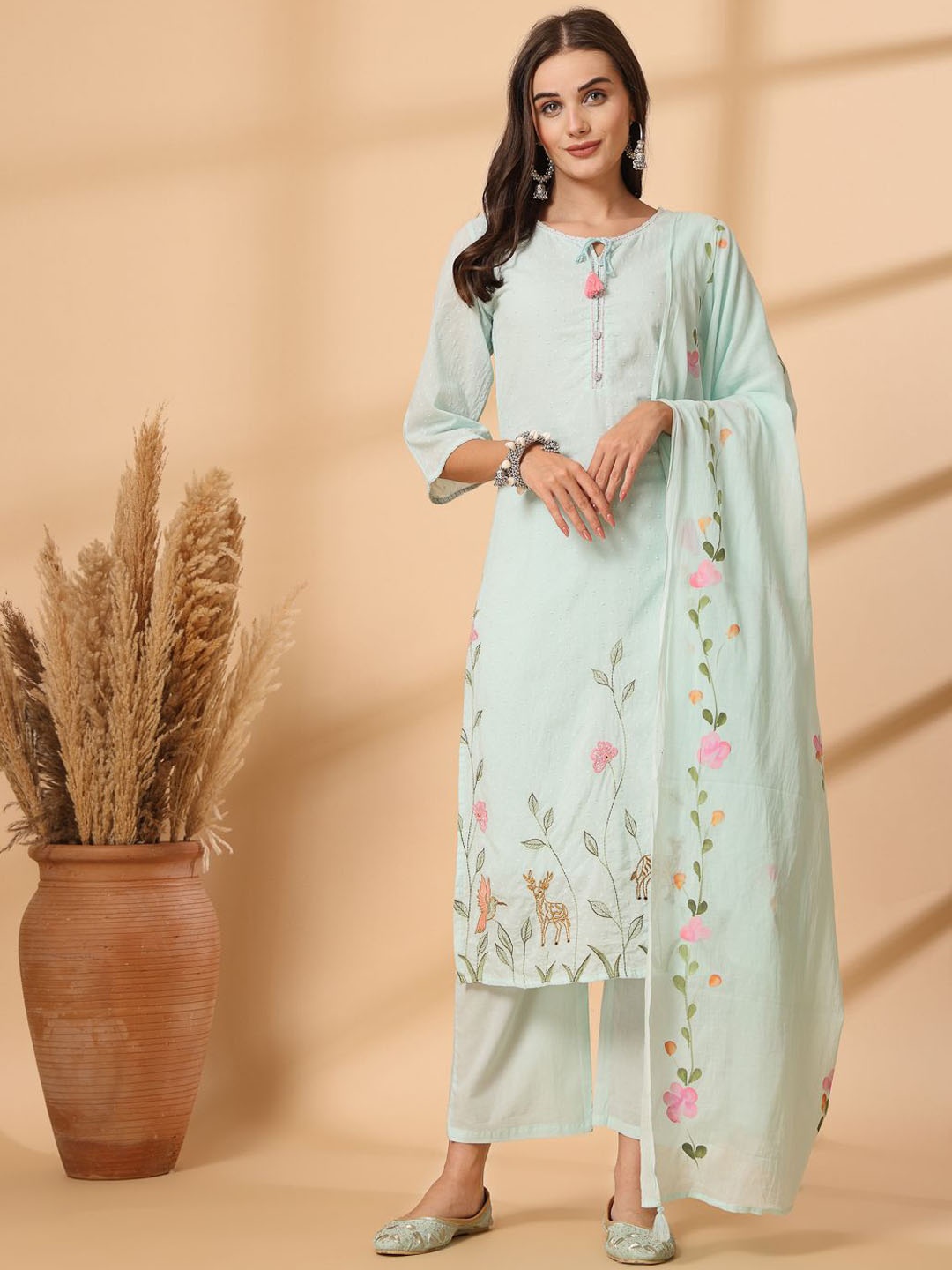 

Shangri LA MS Designs Women Regular Aari Work Pure Cotton Kurta with Palazzos & With Dupatta, Green