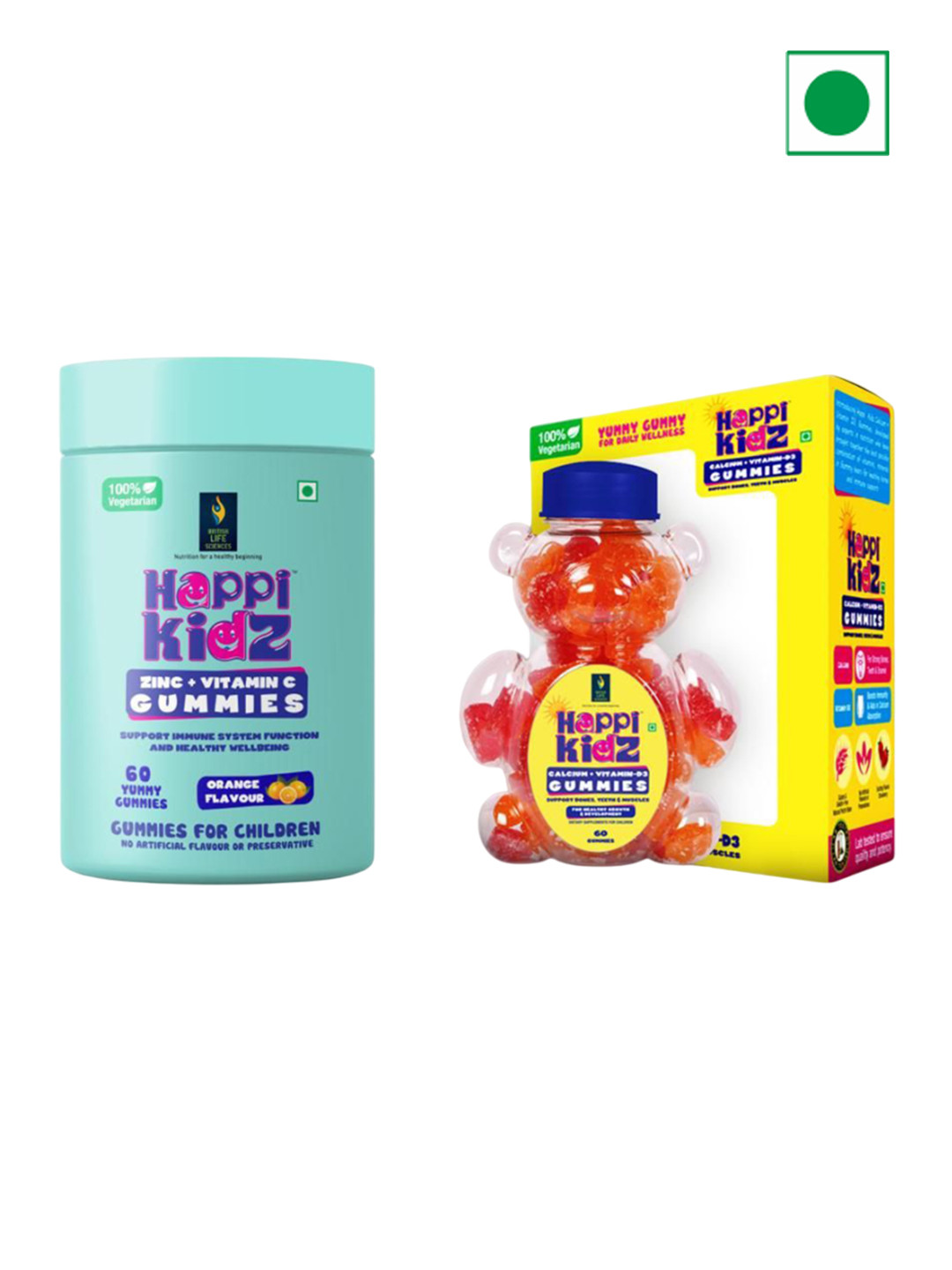 

British Life Sciences Set Of 2 Happi Kids Calcium Vitamin D3, Zinc Vitamin C Gummies, White
