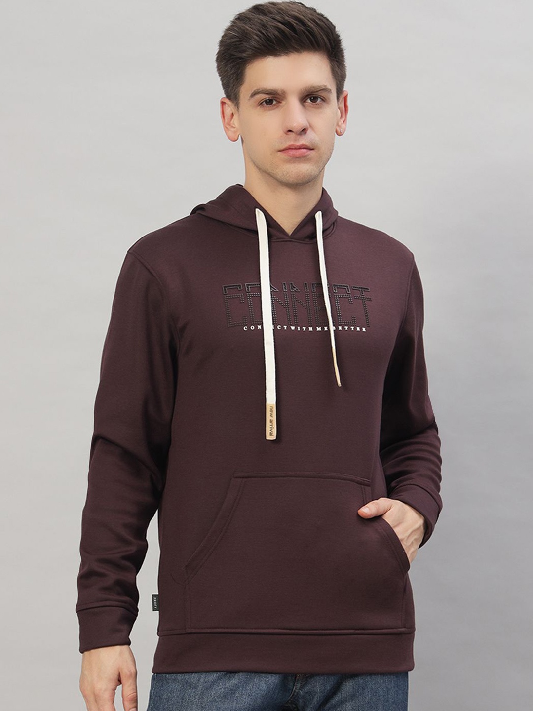 

PROFY Men Hooded Typography Printed Pullover Sweatshirt, Brown