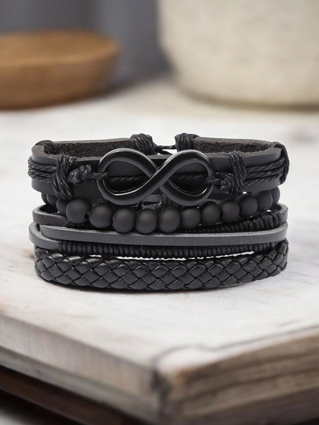 

fabula Men 4 Pieces Leather Wraparound Bracelet, Black