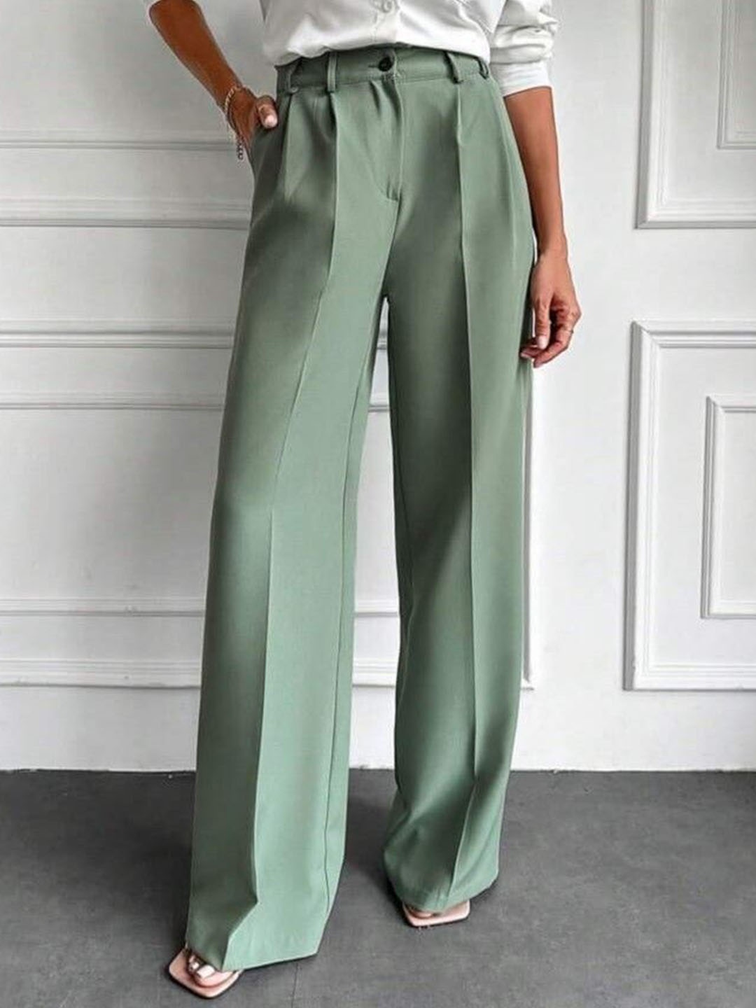 

Next One Women Smart Loose Fit High-Rise Easy Wash Pleated Korean Pants, Green
