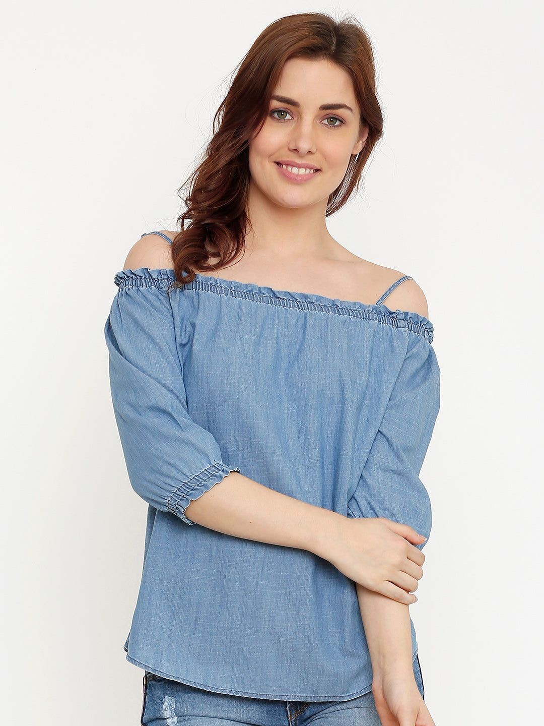 

Kraus Jeans Women Off-Shoulder Bardot Regular Top, Blue