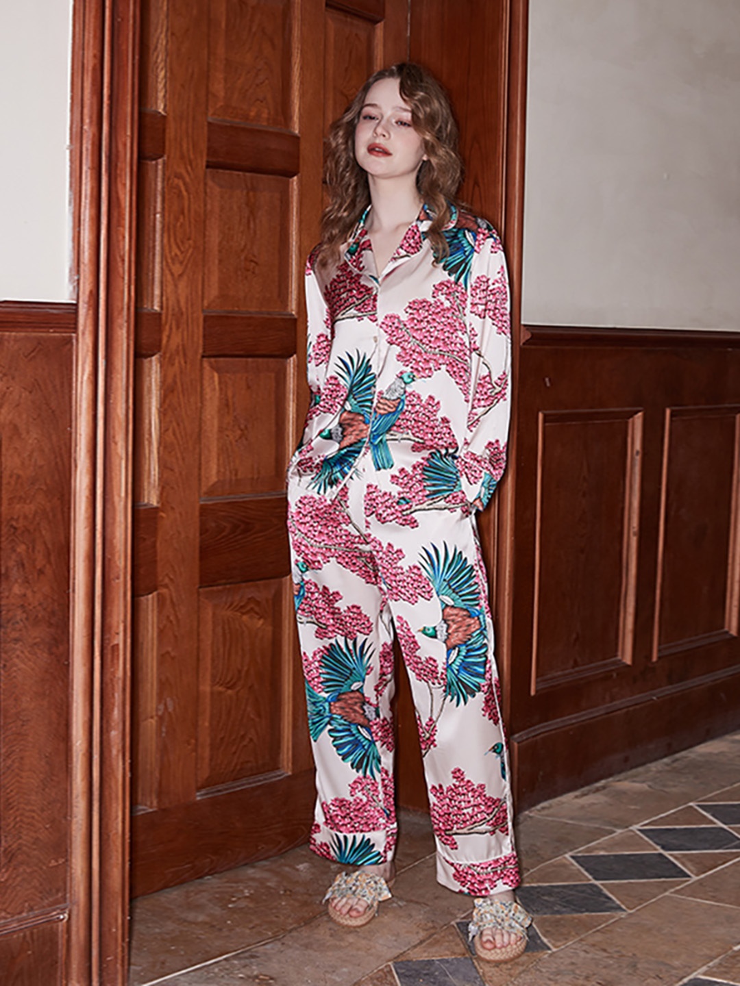 

JC Collection Women Floral Printed Lapel Collar Night suit, Beige