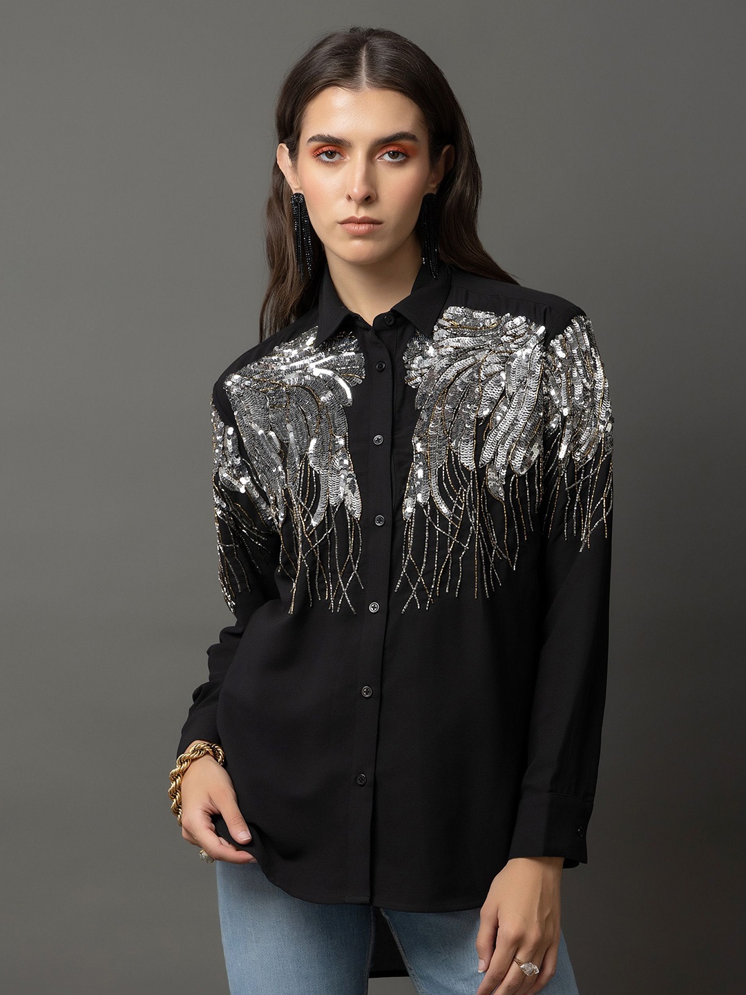 

Diwaah Women Standard Opaque Party Shirt, Black