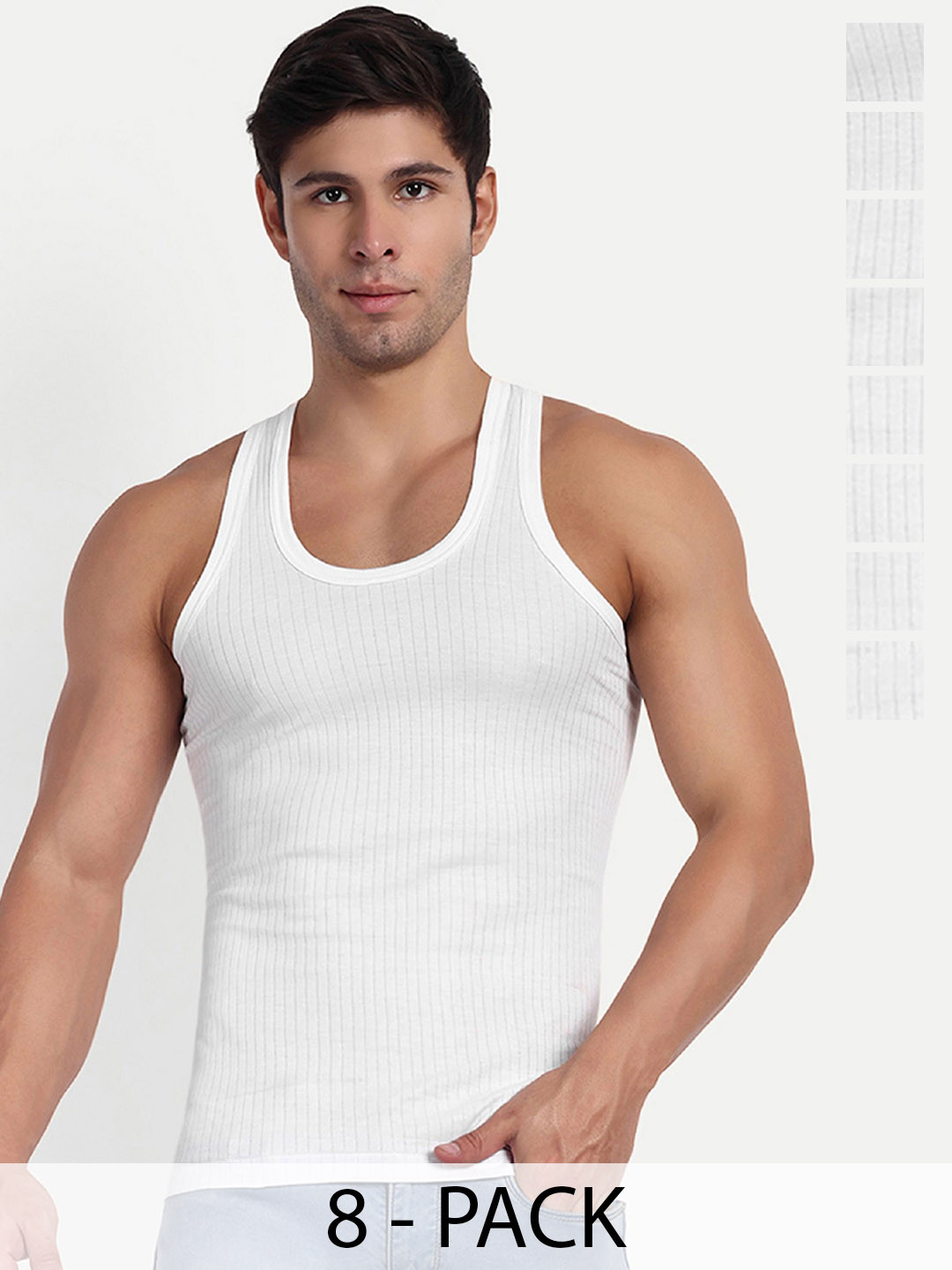 

KANSAL Pack Of 8 Cotton Striped Inner Vests, White