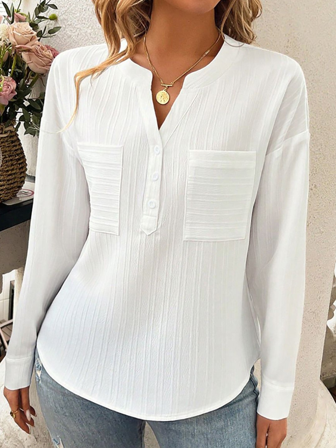 

StyleCast x Revolte Women Mandarin Collar Shirt Style Top, White