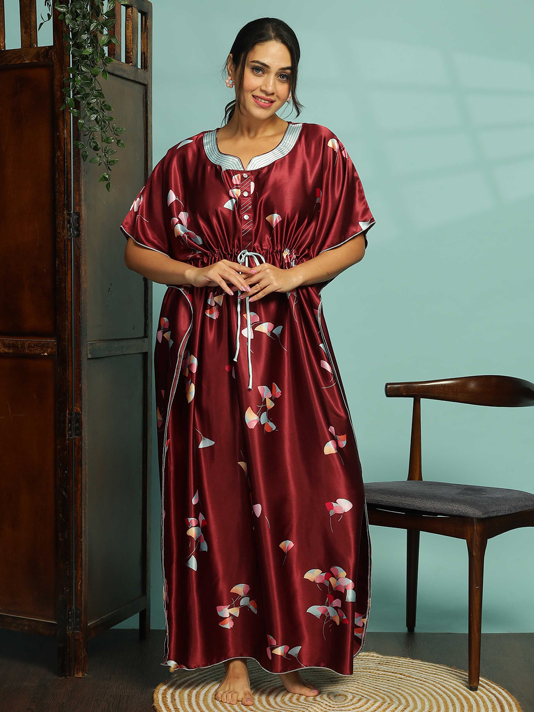 

9shines Label Women Floral Printed Maxi Nightdress, Maroon