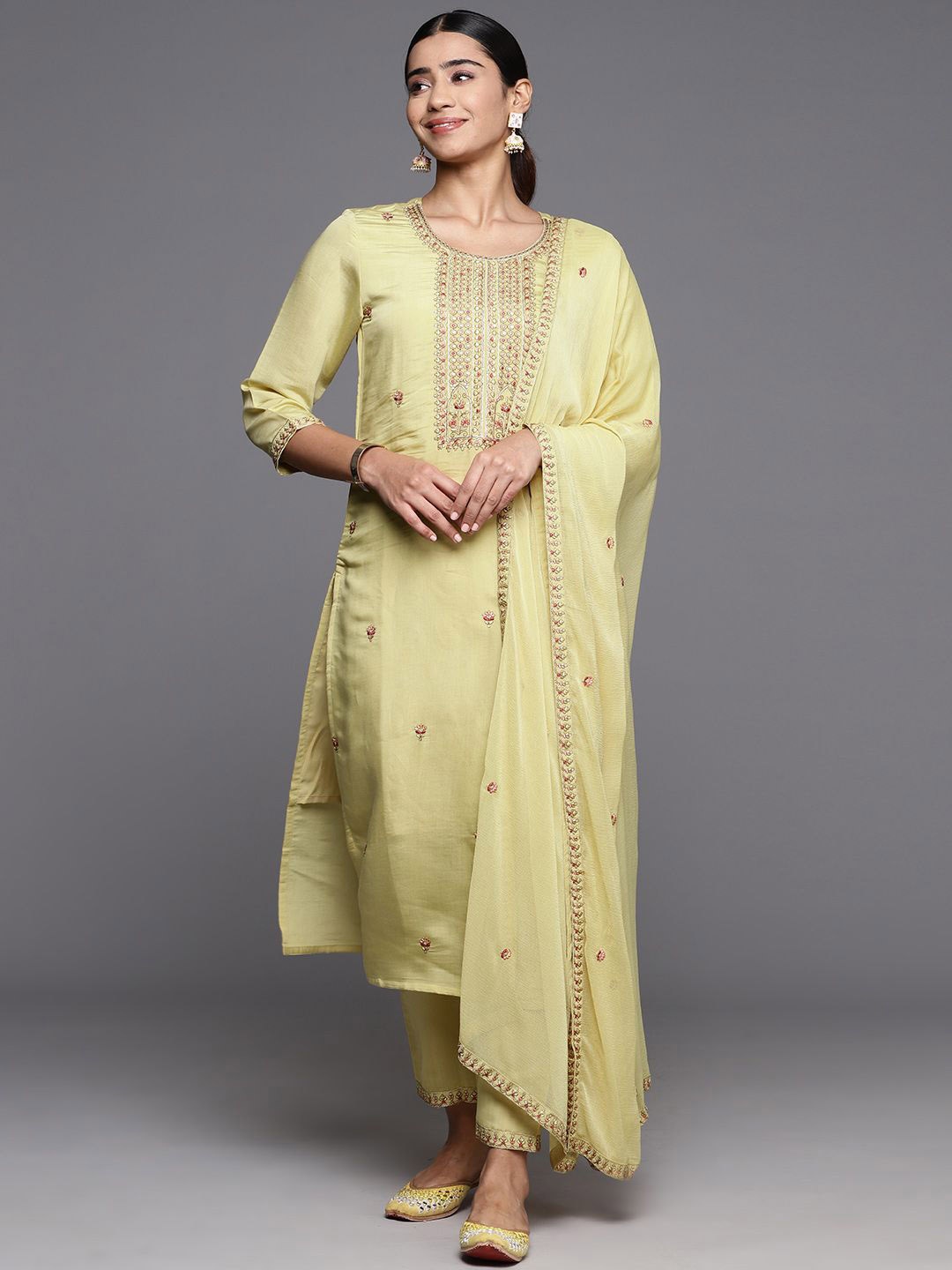 

KALINI Women Ethnic Motifs Embroidered Regular Sequinned Kurta with Trousers & With Dupatta, Mustard